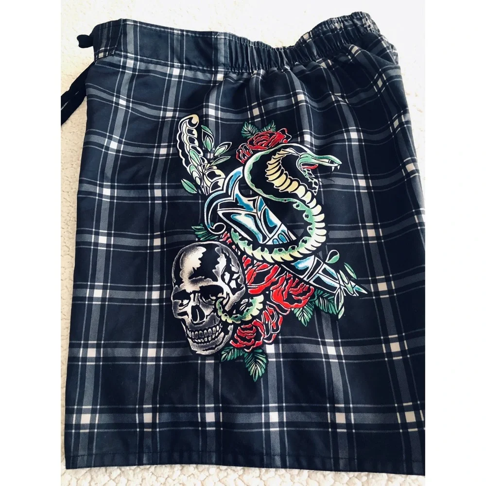 Joe Boxer Mens Plaid Blue Swim Trunks with Colorful Designs - Picture 2 of 7
